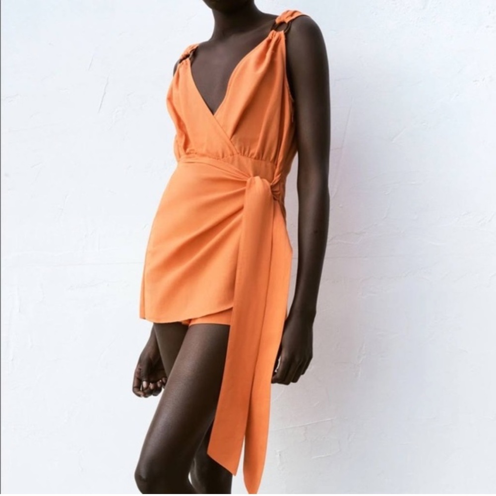Zara Orange Crossover Tie Wrap Romper Large